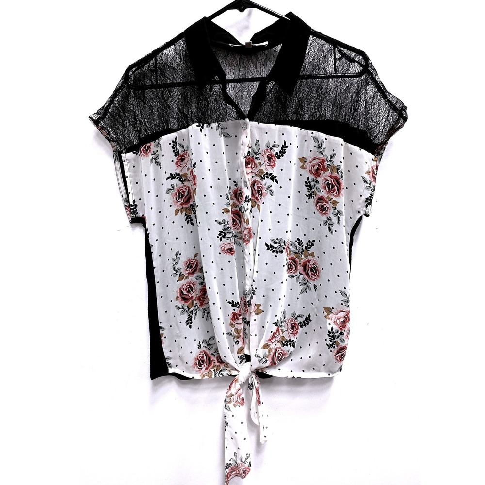 Daniel Rainn Fairy BOHO Top Womens Large Floral Polka Dot Lace Yoke Tie Front